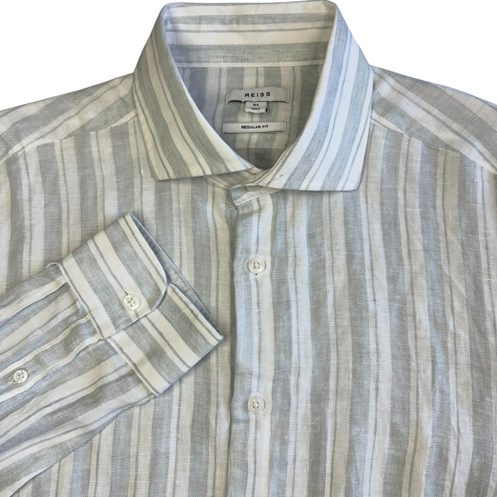 Reiss Ruban Long‎ Sleeve 100% Linen Shirt Mens XL Regular Fit Blue Stripe NEW